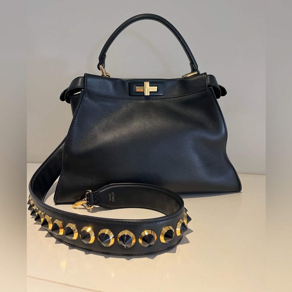 Fendi Strap You black leather and gold stud strap